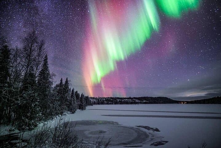 Ice Floating in Forest Lake with Aurora Borealis