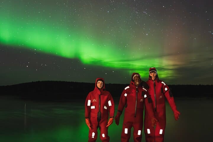 Ice Floating in Forest Lake with Aurora Borealis