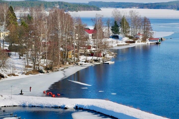 Frozen lake Saimaa. Puumala strait remains open water even on coldest days